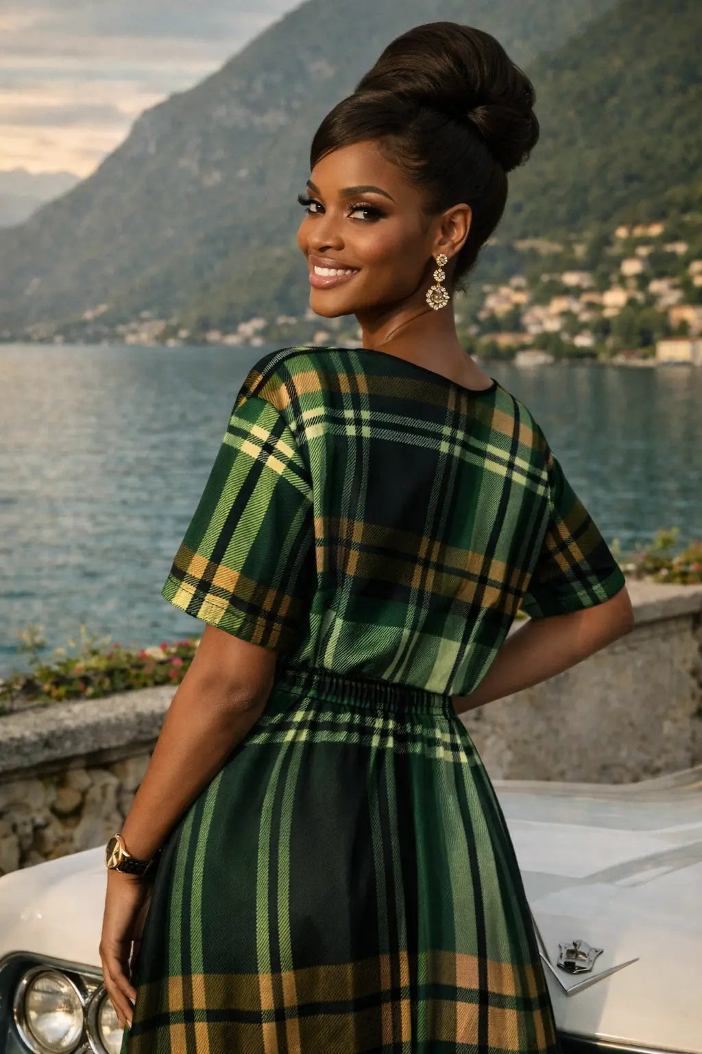 Green Tartan Midi Dress Elegant Evening Outfit with Classic Plaid Design