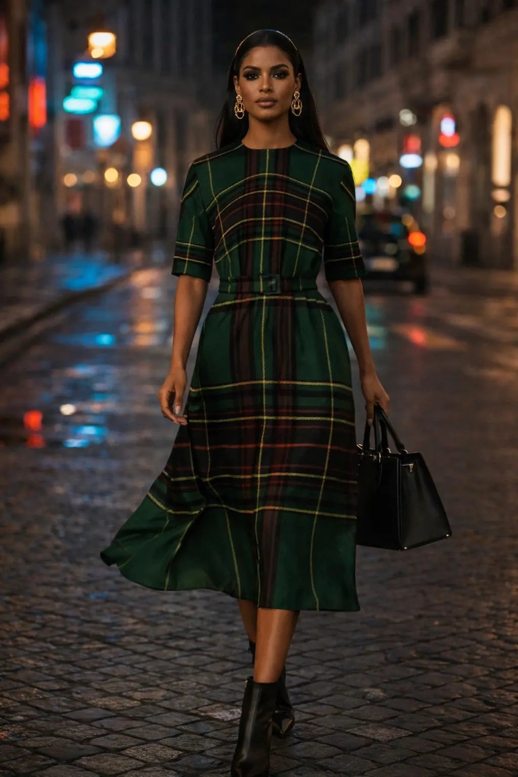 Green tartan midi dress designed for composed everyday elegance.