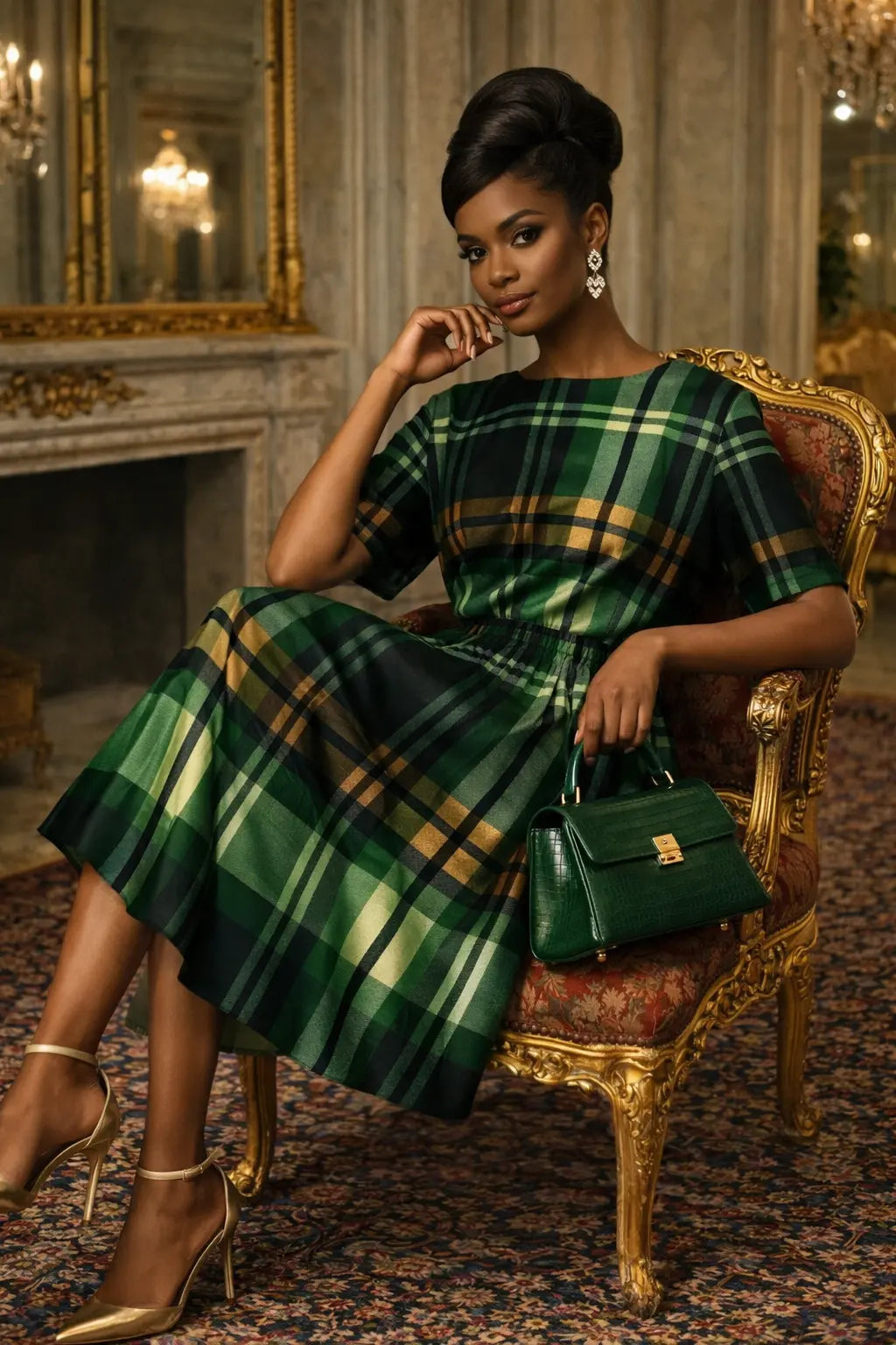 Green Tartan midi dress elegant evening outfit with luxurious fit and classic style