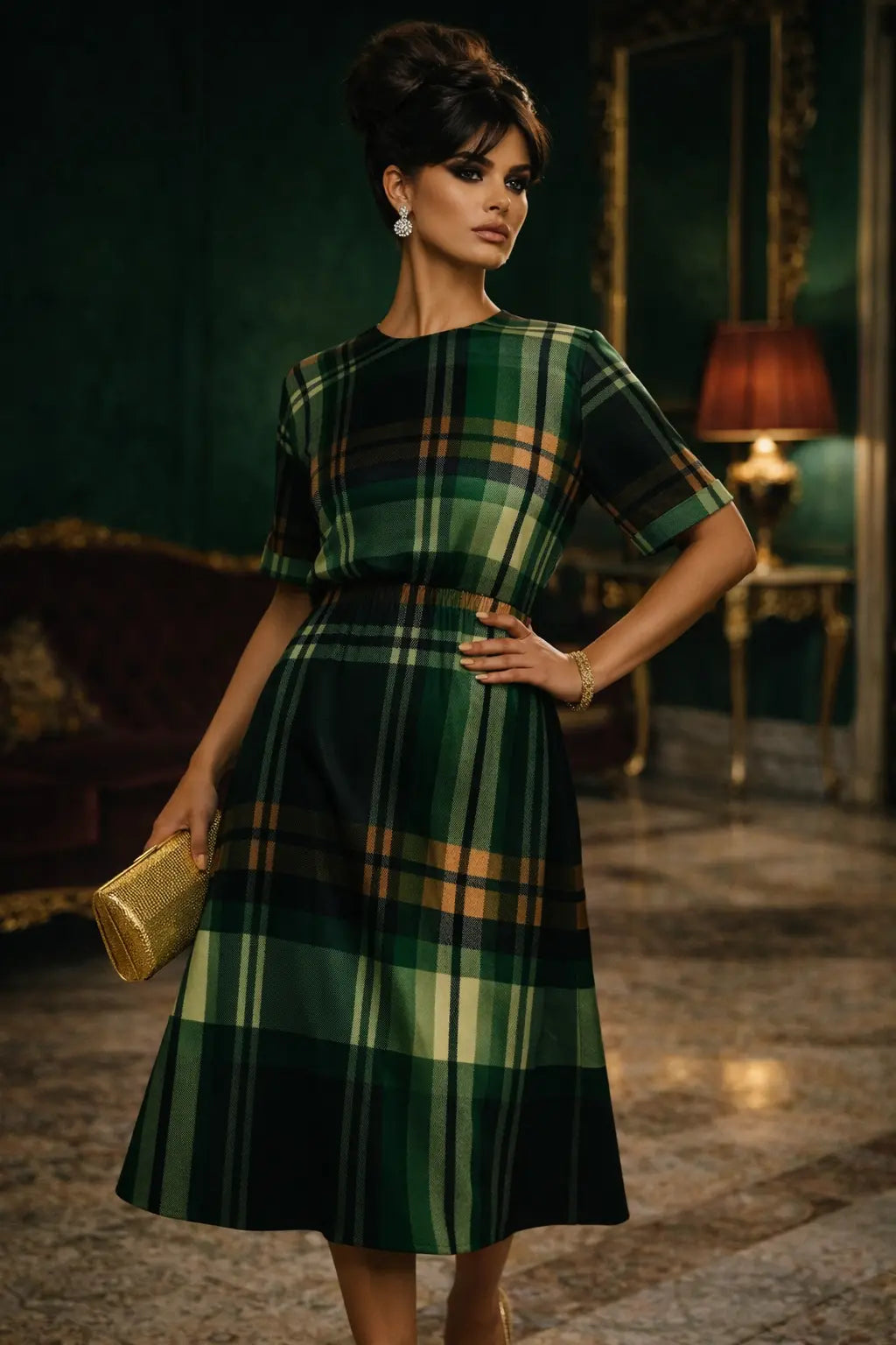 Green Tartan midi dress for Women elegant outfit perfect for evening events