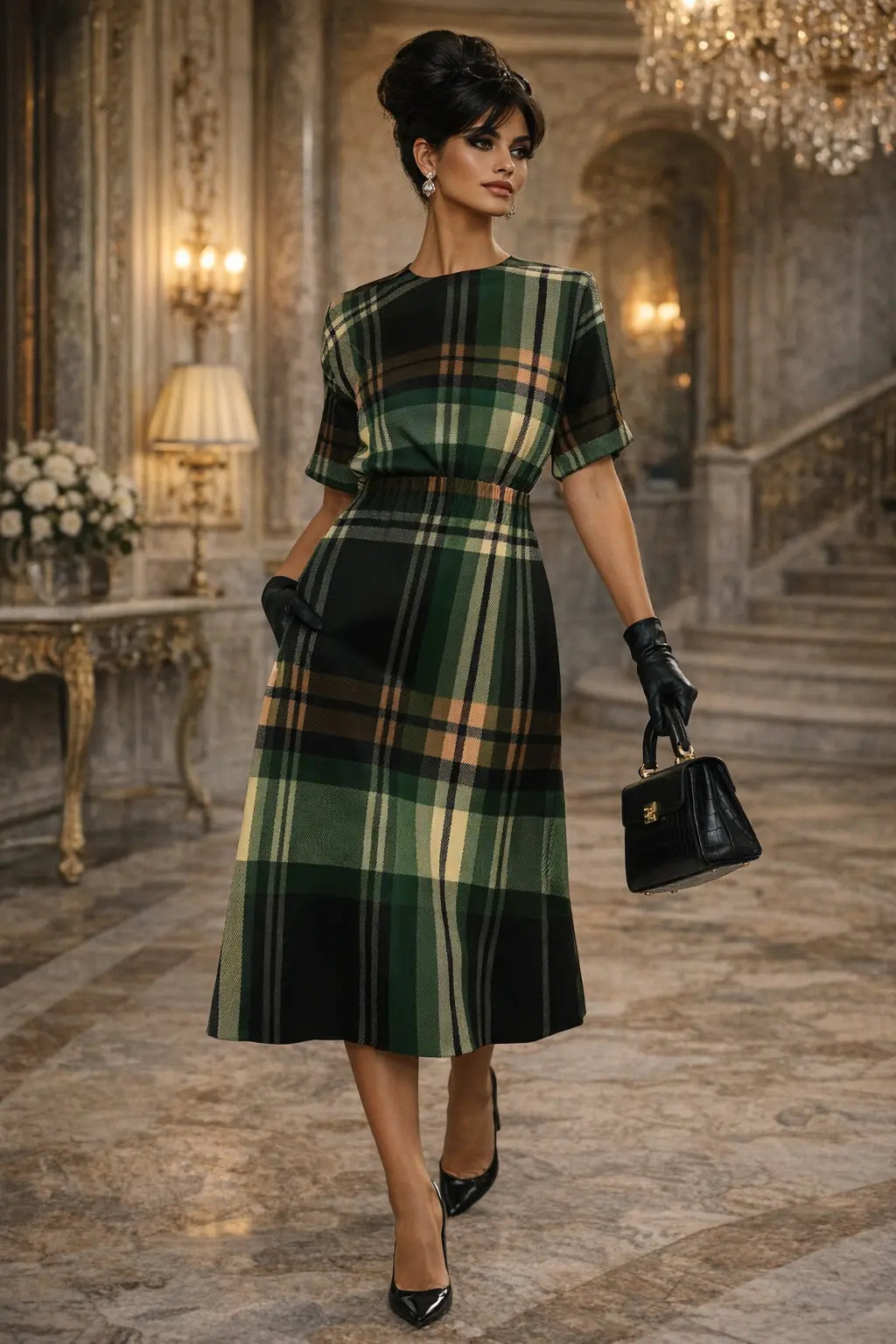 Green Tartan Midi Dress for Women Elegant Evening Outfit with Classic Plaid Design