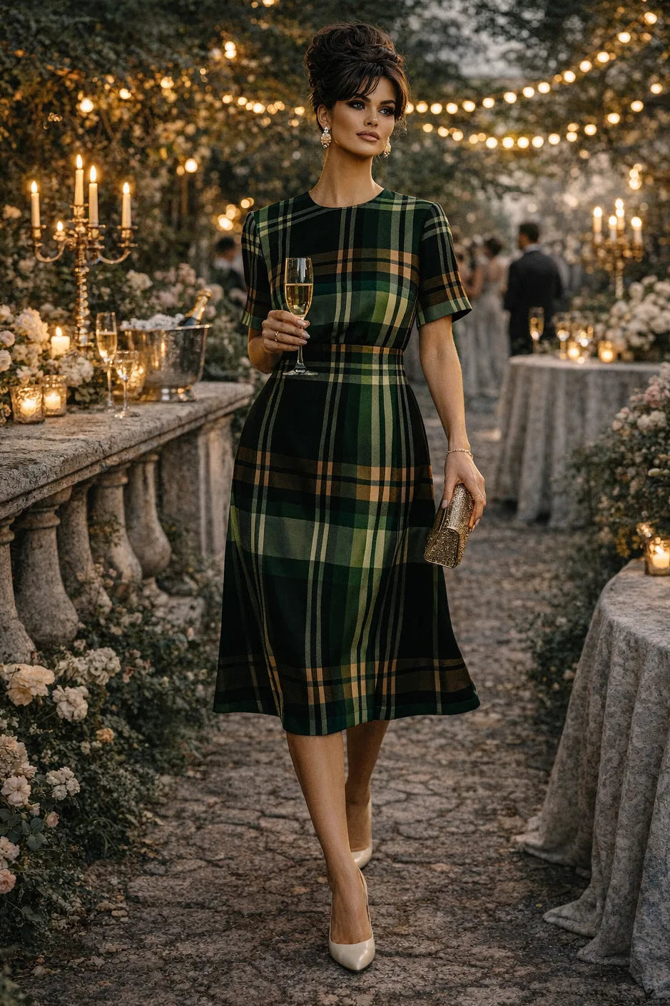 Green Tartan midi dress Elegant Evening Outfit Classic Plaid Pattern