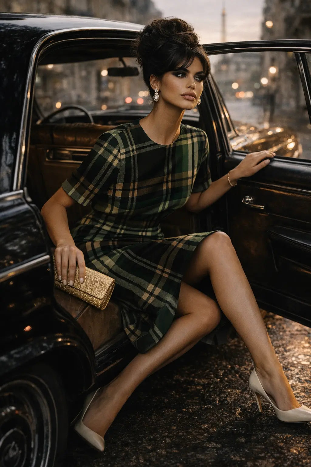 Green Tartan midi dress Elegant Evening Outfit Classic Stylish Look