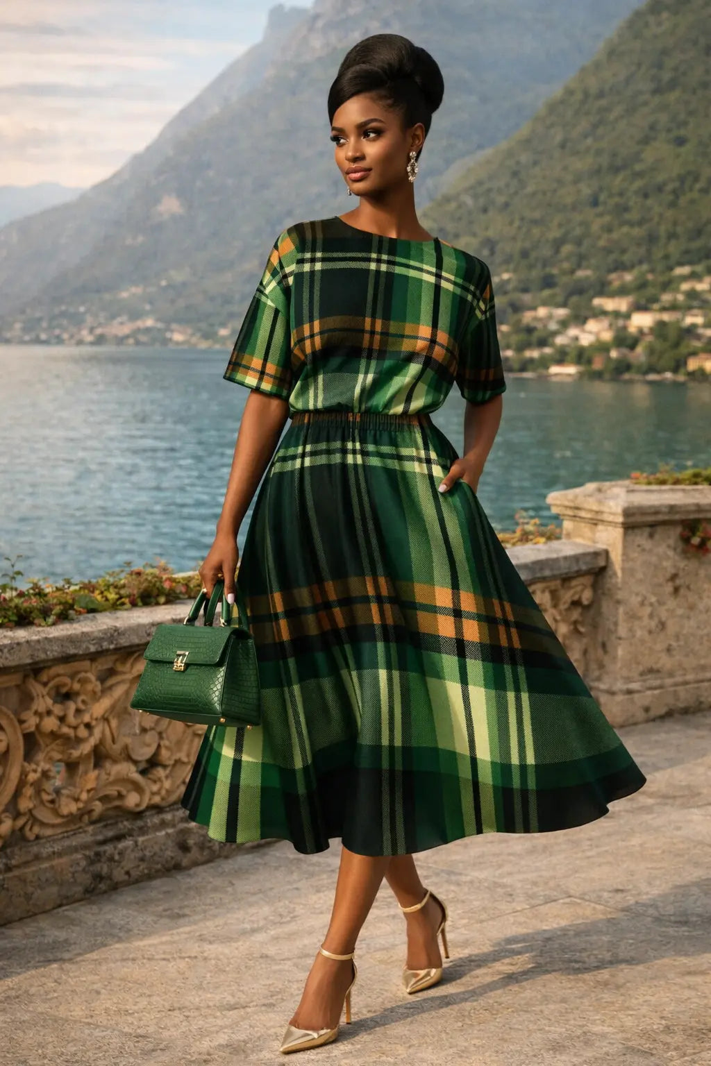 Green Tartan midi dress Elegant Outfit for Evening Wear with Stylish Fit