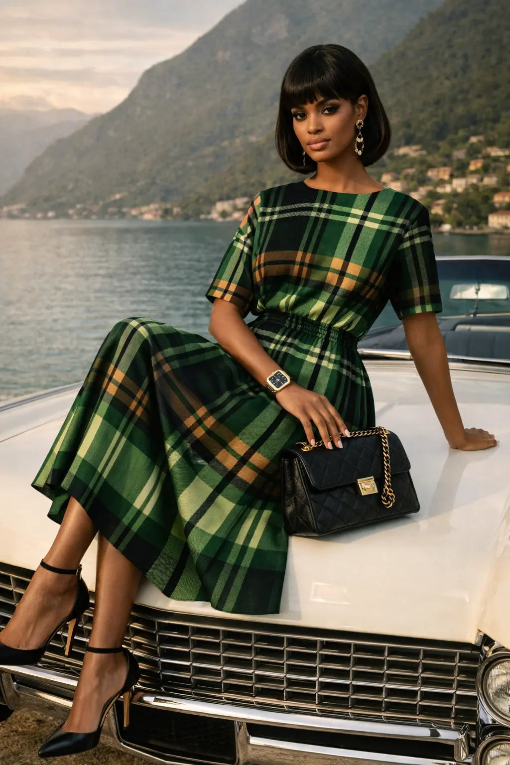 Green Tartan midi dress elegant outfit with classic design and evening style
