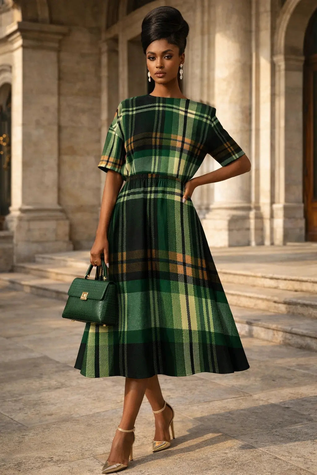 Green Tartan midi dress Elegant Outfit Classic Evening Look Stylish Midi Dress