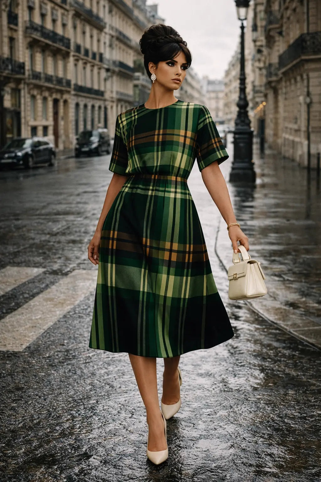 Green Tartan midi dress for Women Elegant Evening Outfit with Classic Plaid Pattern