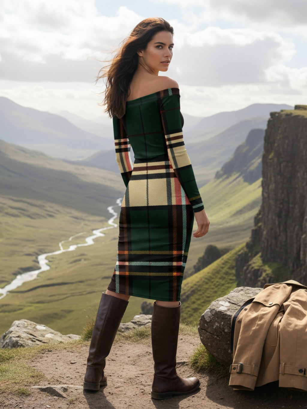 Woman wearing a tartan off the shoulder midi dress by Angelic Blessings Shop standing outdoors with boots