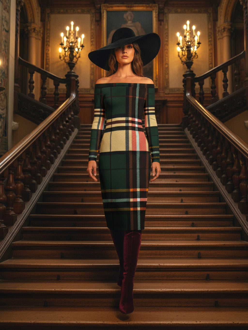 Tartan off the shoulder midi dress in green plaid worn with wide black hat and boots on wooden stairs