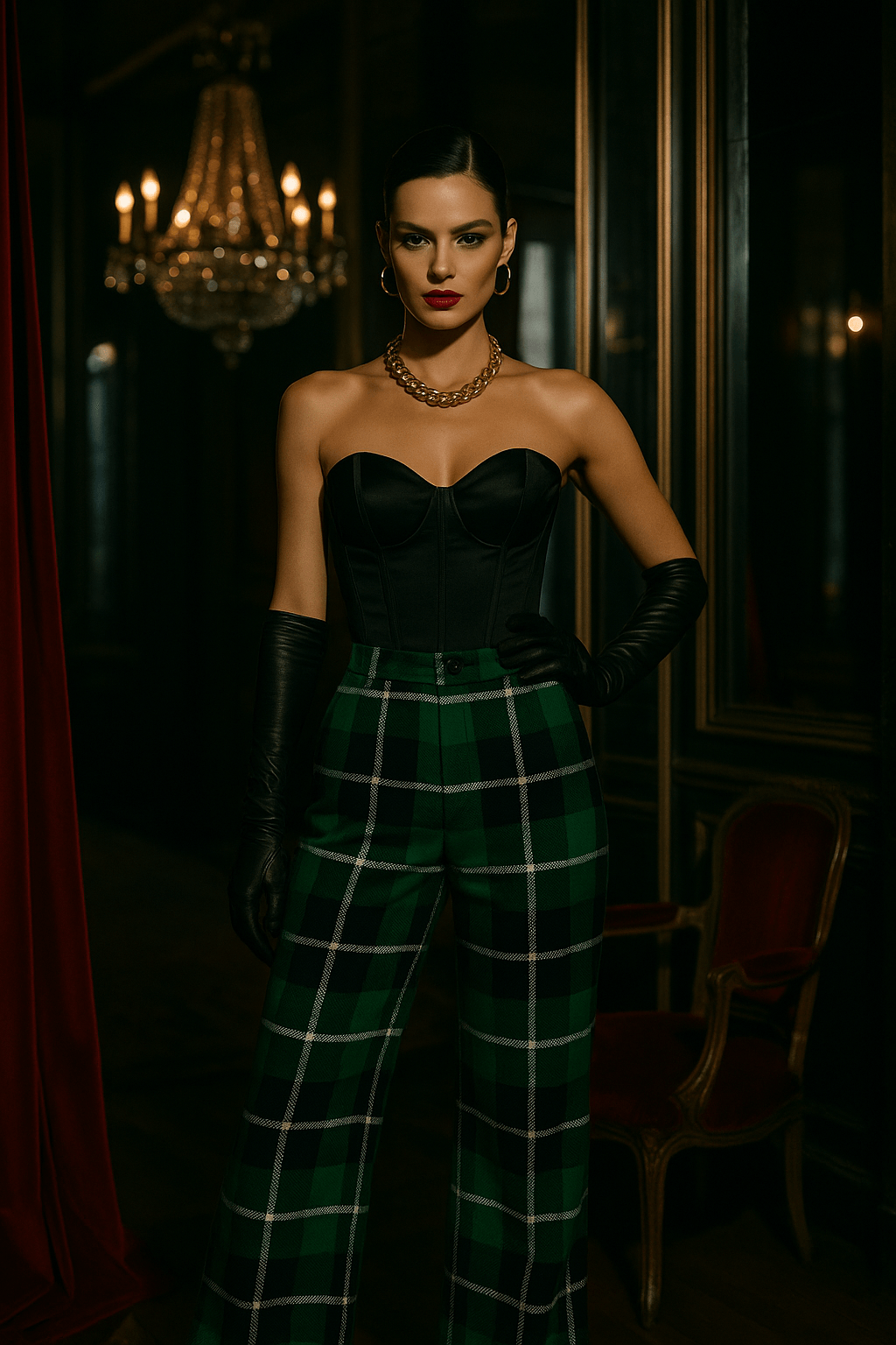 Angelic Blessings green tartan wide leg pants styled with a black strapless top and gloves
