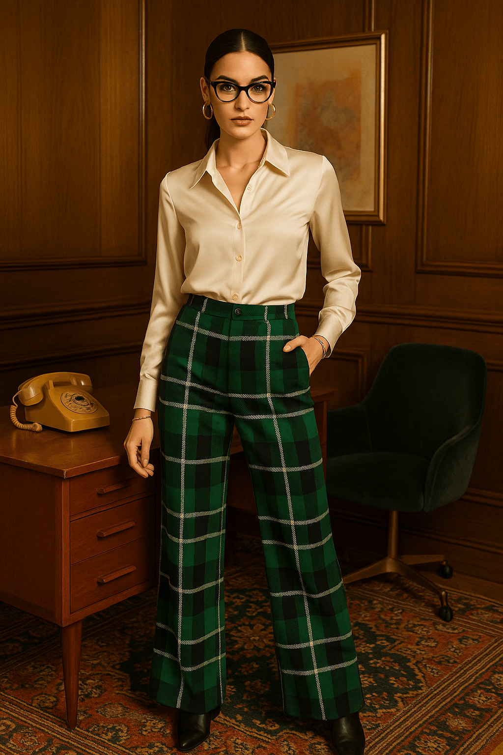Green Tartan Wide leg pants by Angelic Blessings worn with a cream blouse in a vintage room