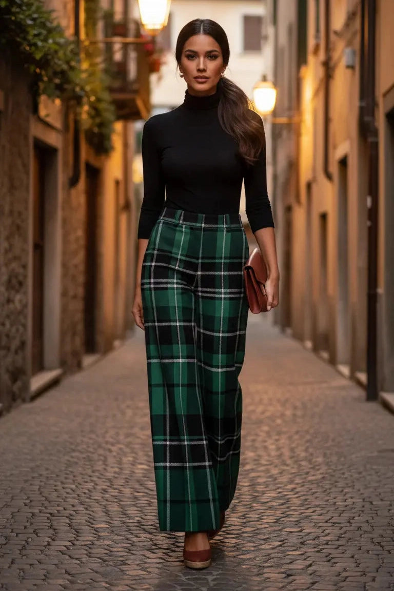 Woman wearing green tartan wide leg trousers paired with a black turtleneck walking on cobblestone street