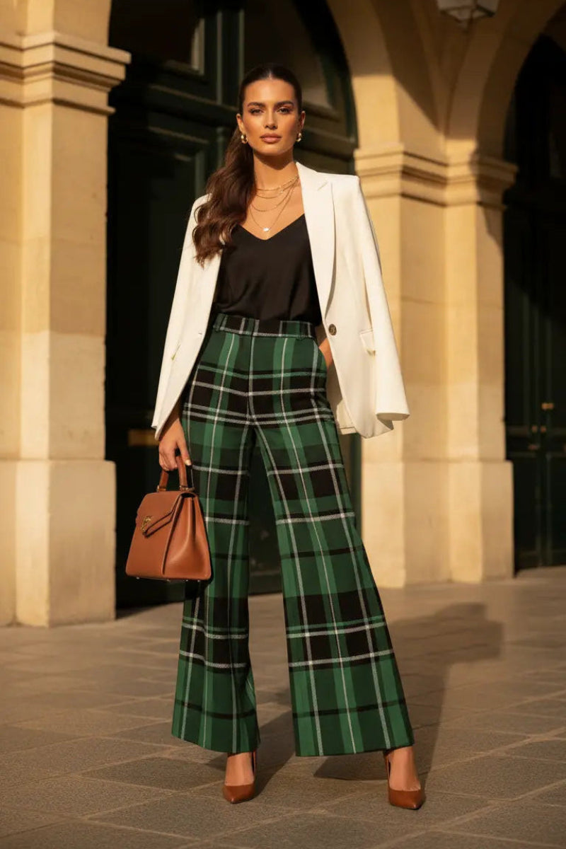 Woman wearing green tartan wide leg trousers paired with black top and white blazer outdoors