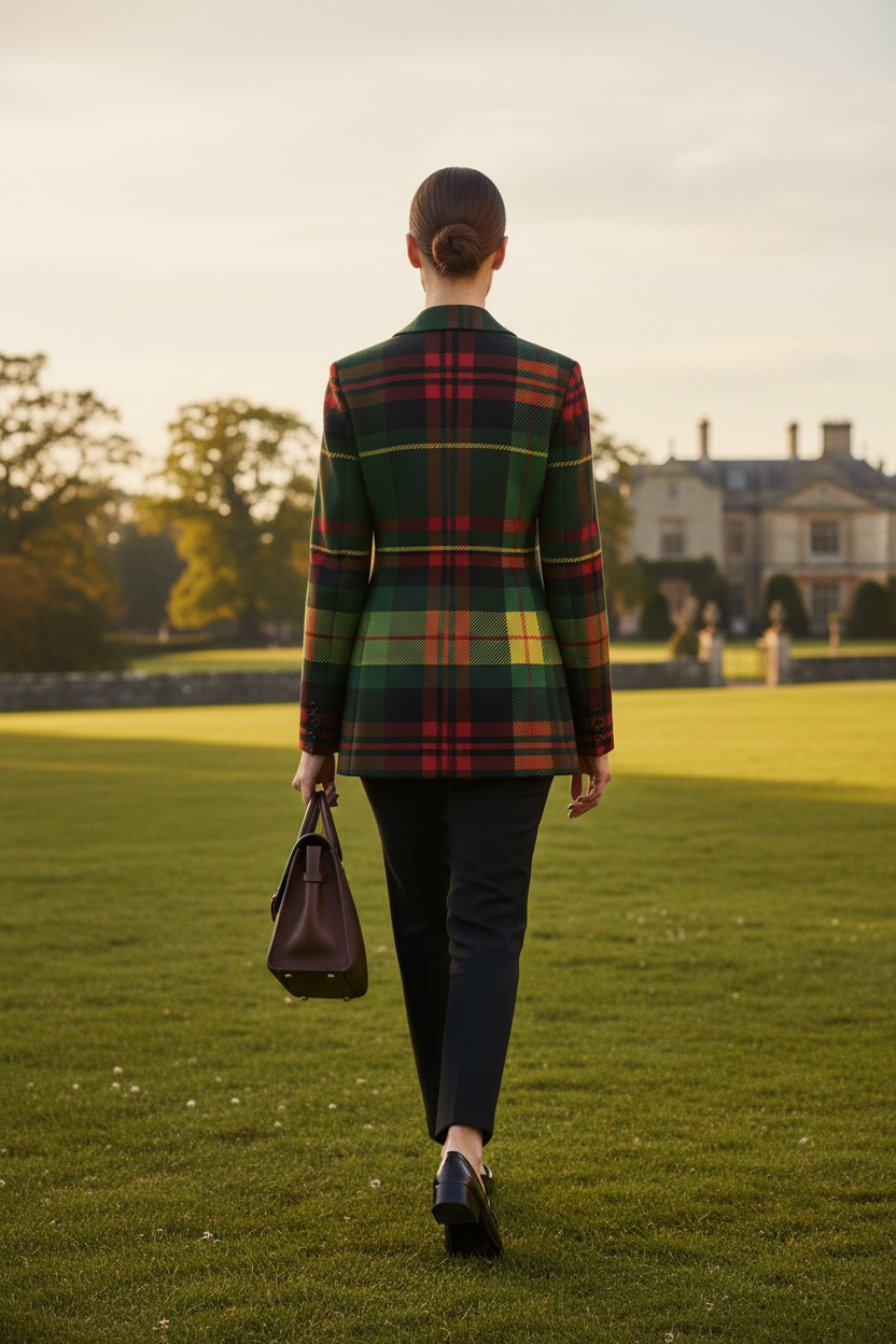 Back view of green tartan women's blazer from Angelic Blessings Shop worn with black pants and handbag