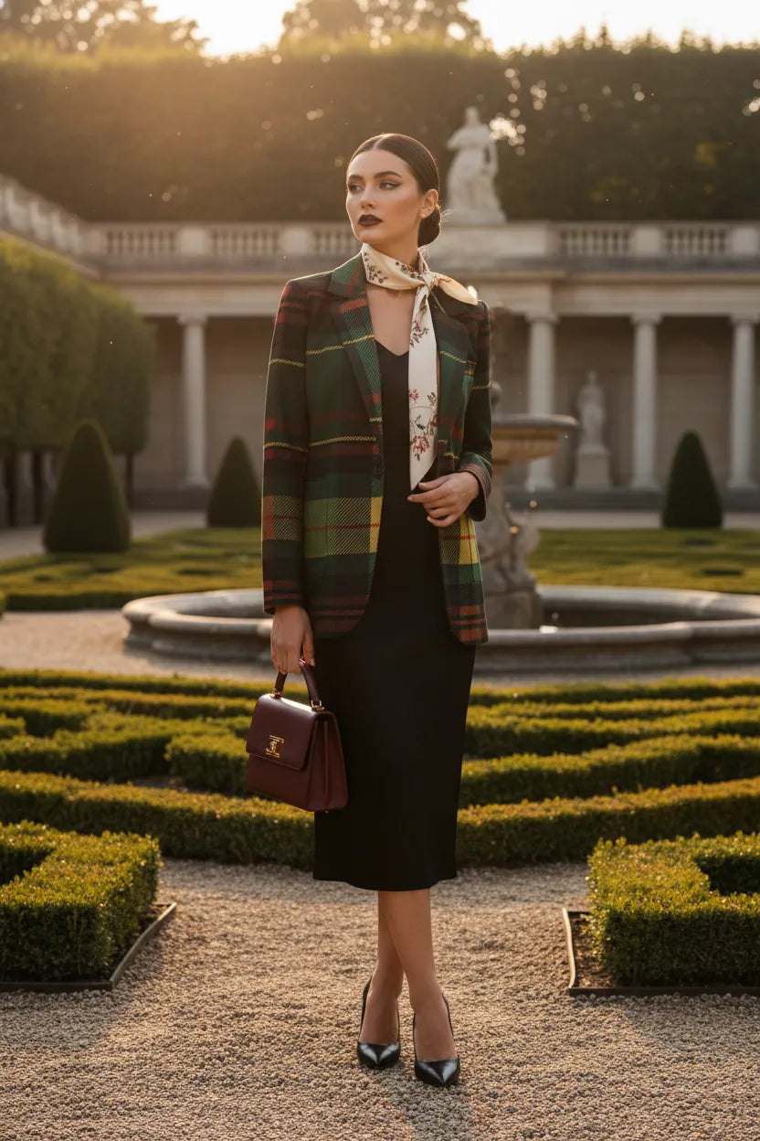Woman wearing a green tartan women's blazer from Angelic Blessings Shop styled with black skirt and scarf outdoors
