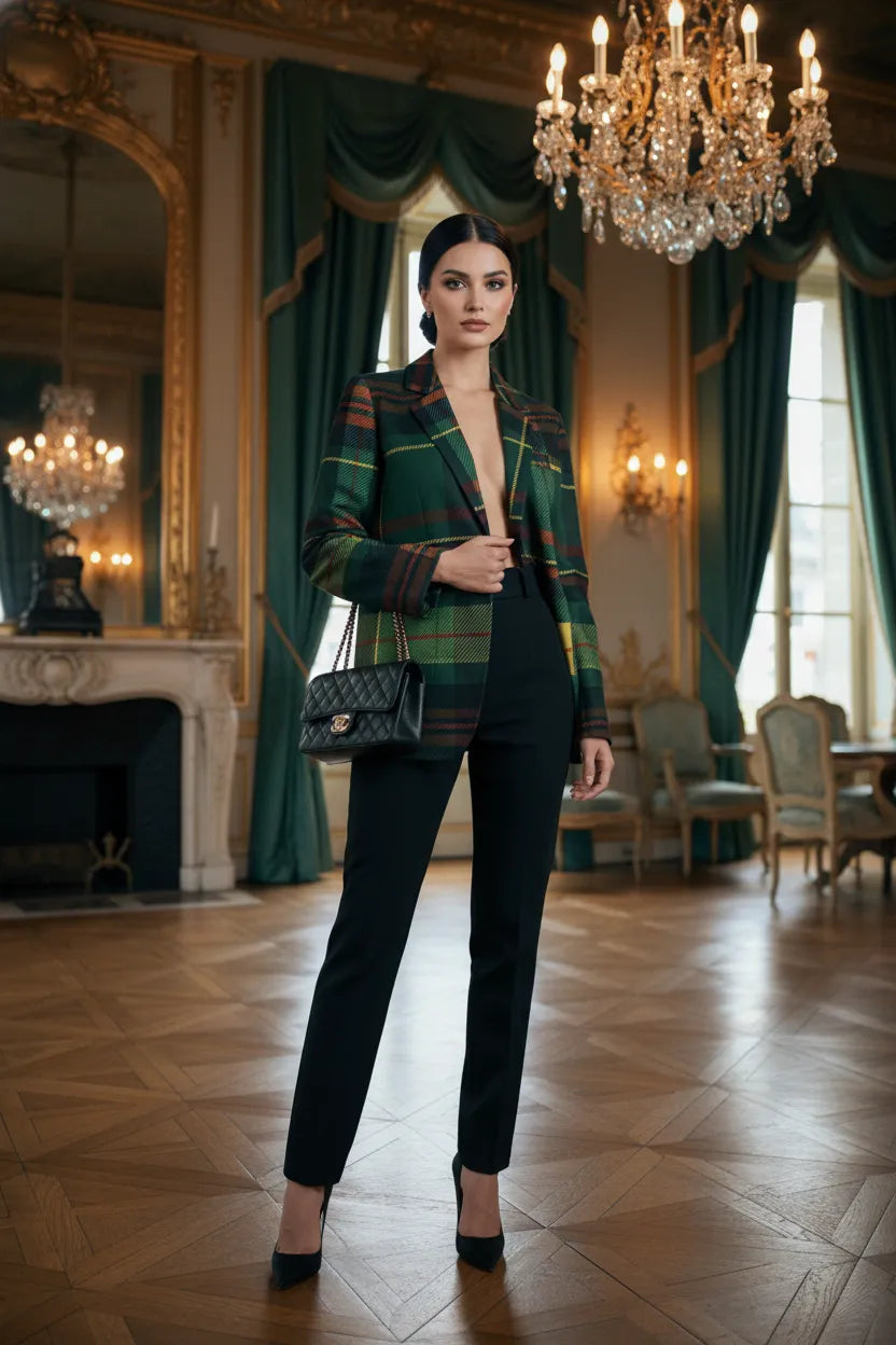 Green tartan women's blazer from Angelic Blessings Shop worn with black pants in elegant room