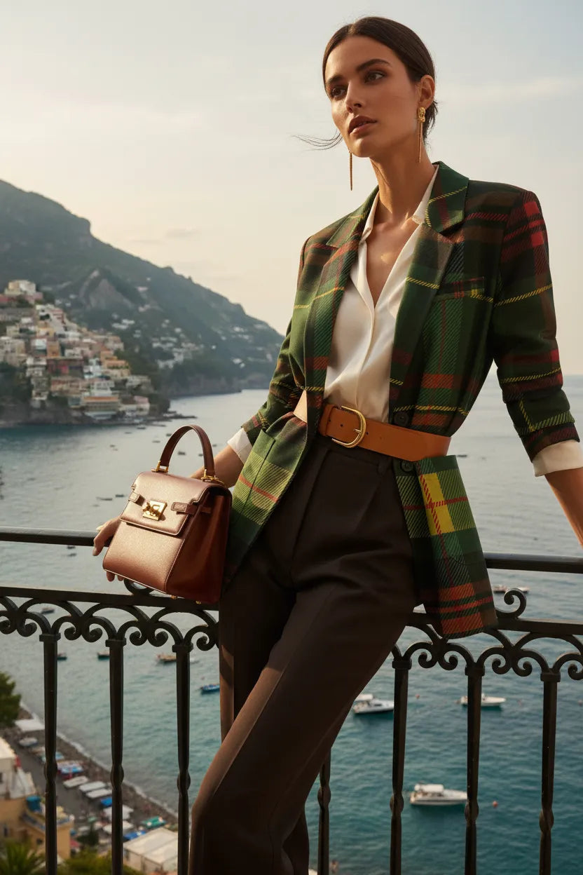 Green tartan women's blazer styled with white blouse and brown belt by Angelic Blessings Shop