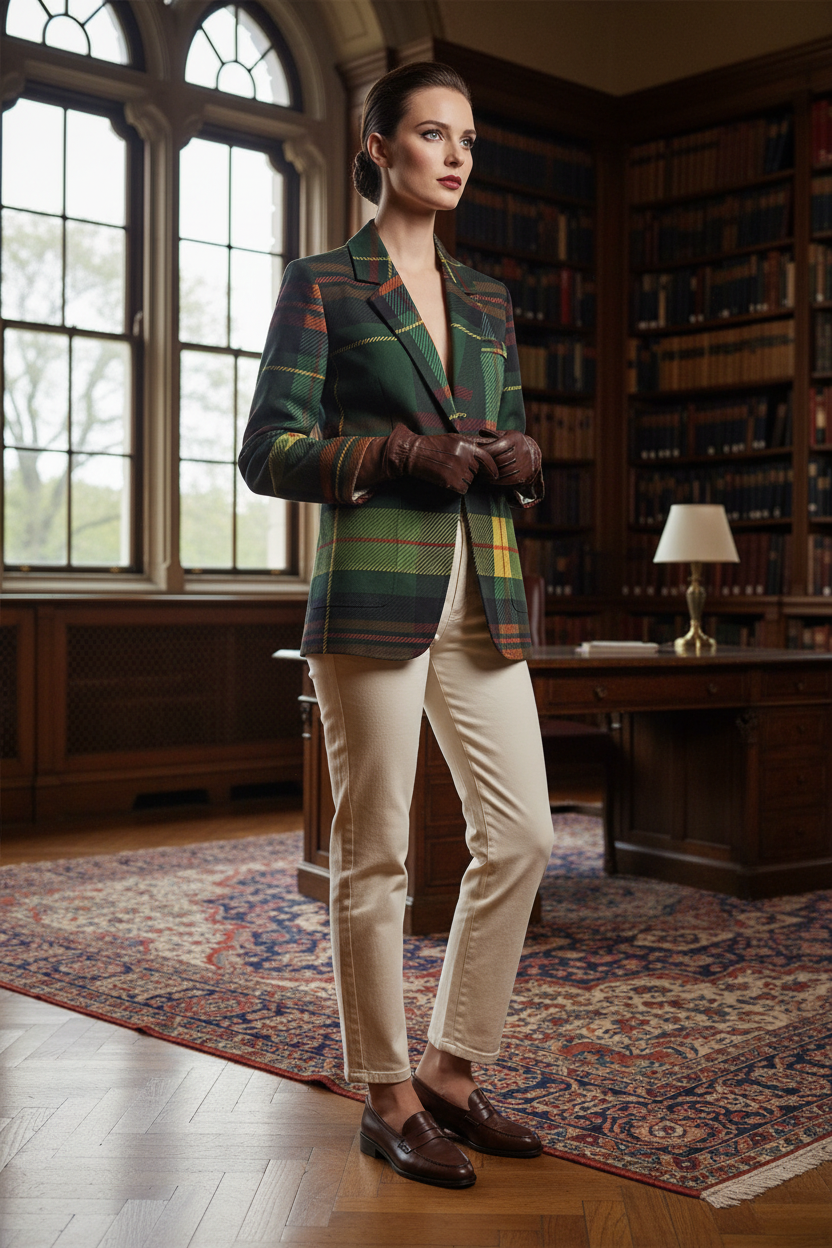 Green tartan women's blazer from Angelic Blessings Shop styled with beige pants and brown gloves indoors