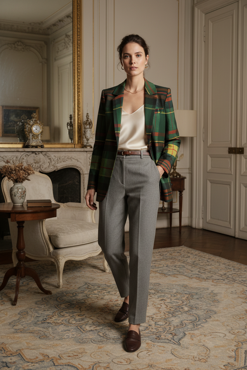 Green tartan women's blazer from Angelic Blessings Shop styled with beige top and gray trousers indoors