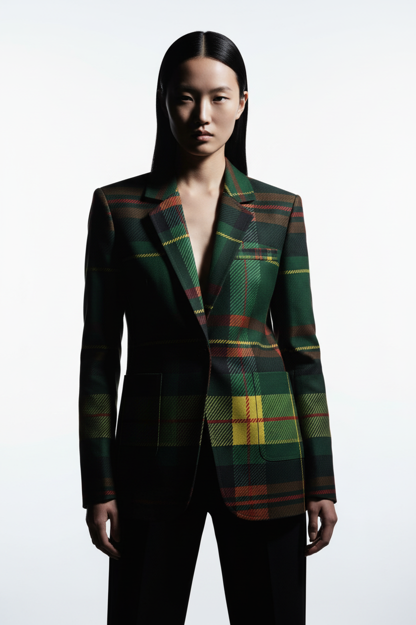 Green tartan women's blazer from Angelic Blessings Shop worn by model with long black hair