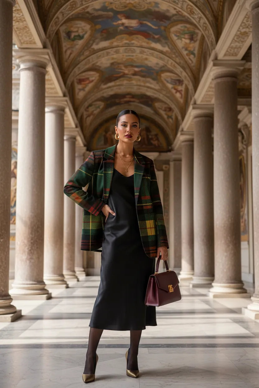 Model wearing green tartan women's blazer from Angelic Blessings Shop over a black dress in an elegant hallway