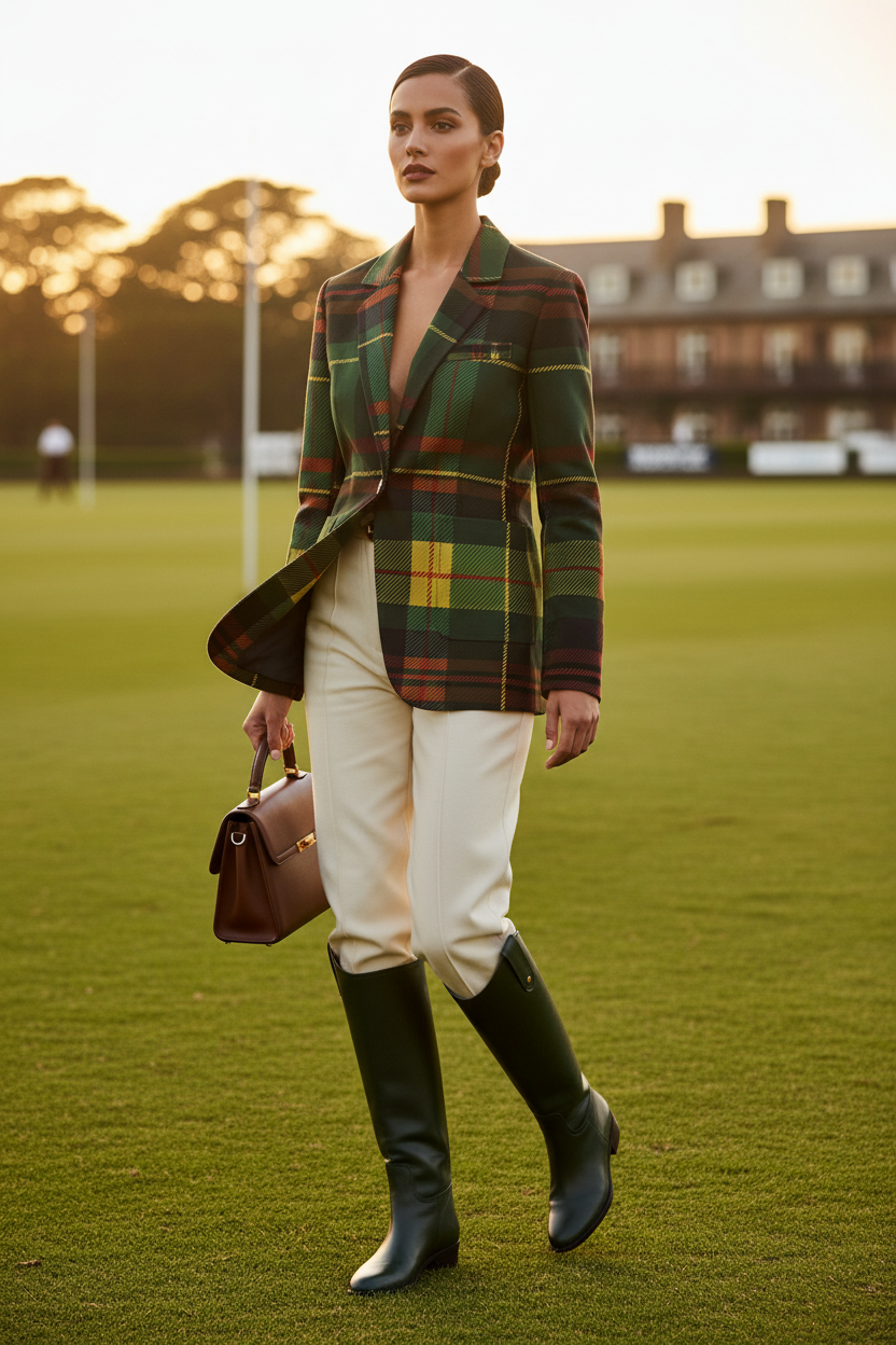 Model wearing a green tartan women's blazer paired with white pants and black boots outdoors