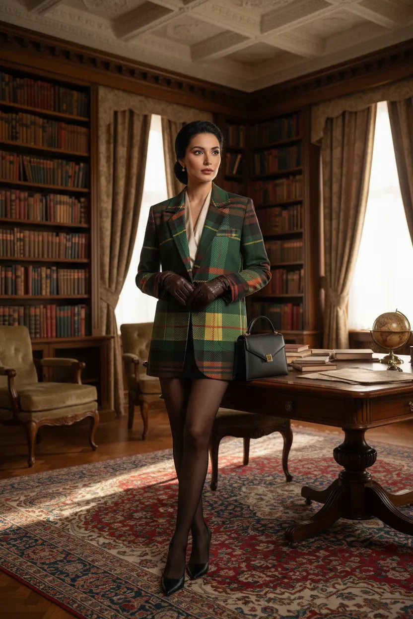 Woman wearing a green tartan women's blazer in a vintage library setting with elegant accessories