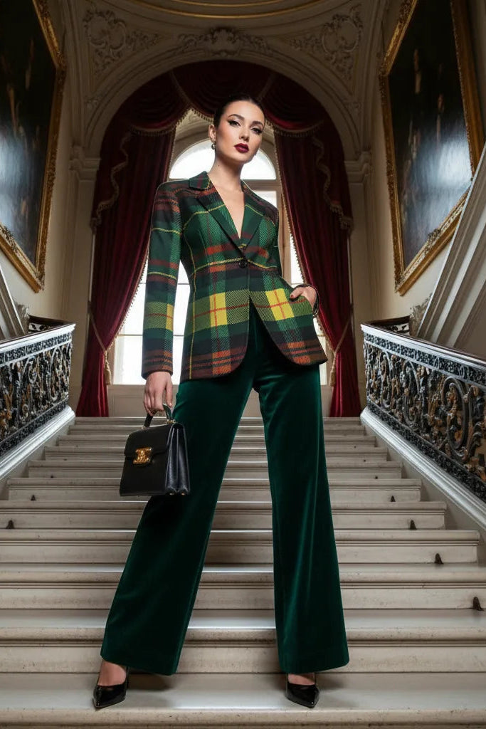 Model wearing green tartan women's blazer with matching dark green wide-leg pants on grand staircase