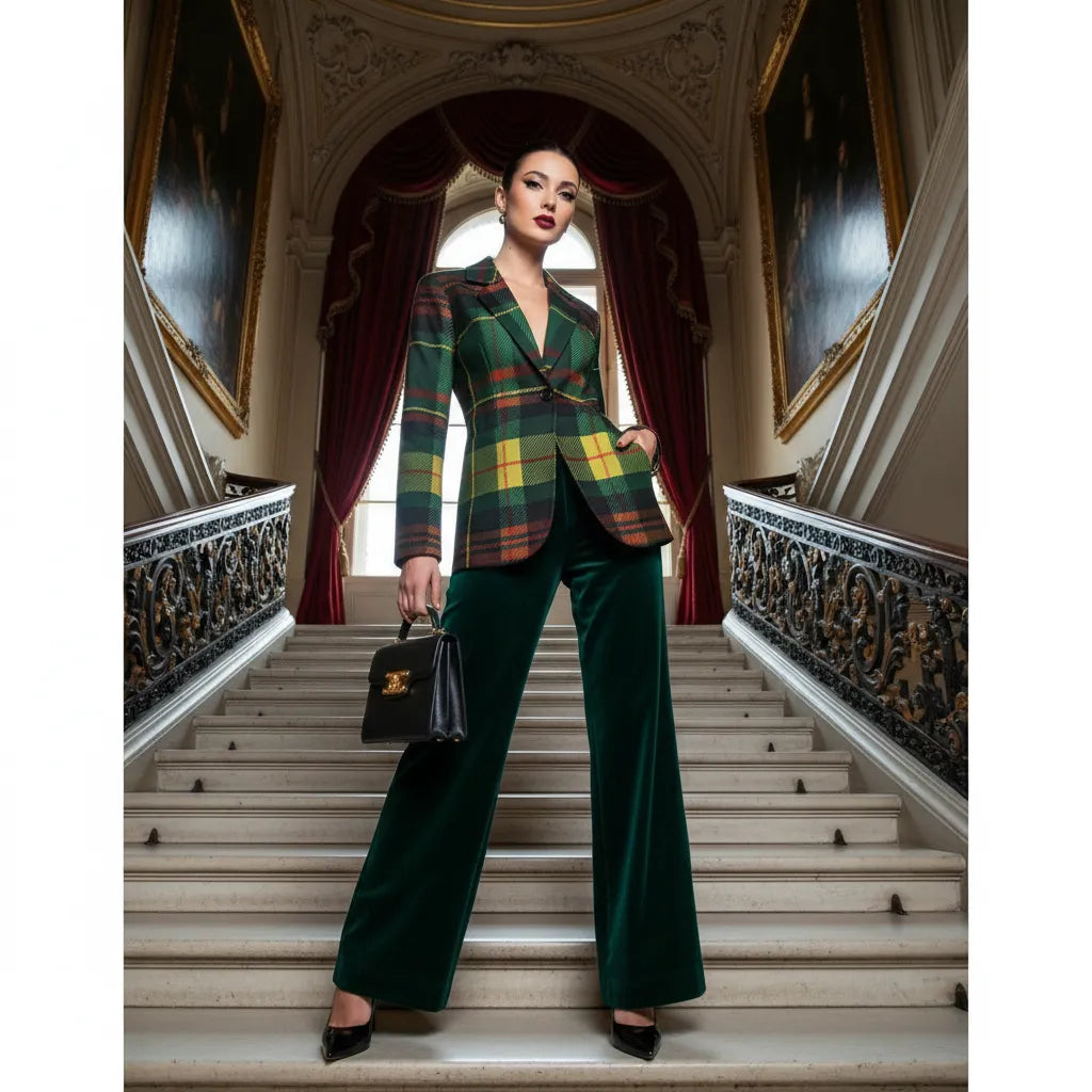 Green tartan women's blazer styled with dark green wide-leg pants and black handbag on elegant staircase