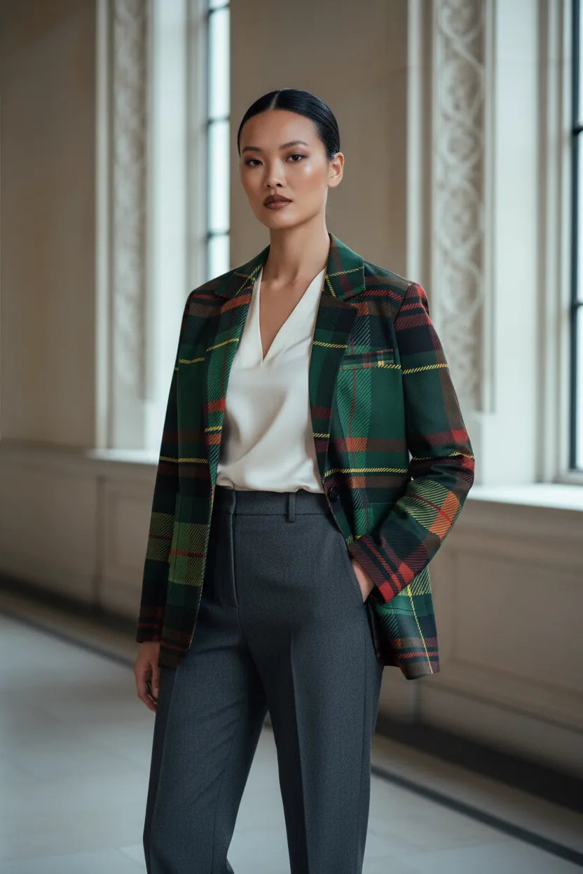Green tartan women's blazer from Angelic Blessings Shop worn with white blouse and gray pants