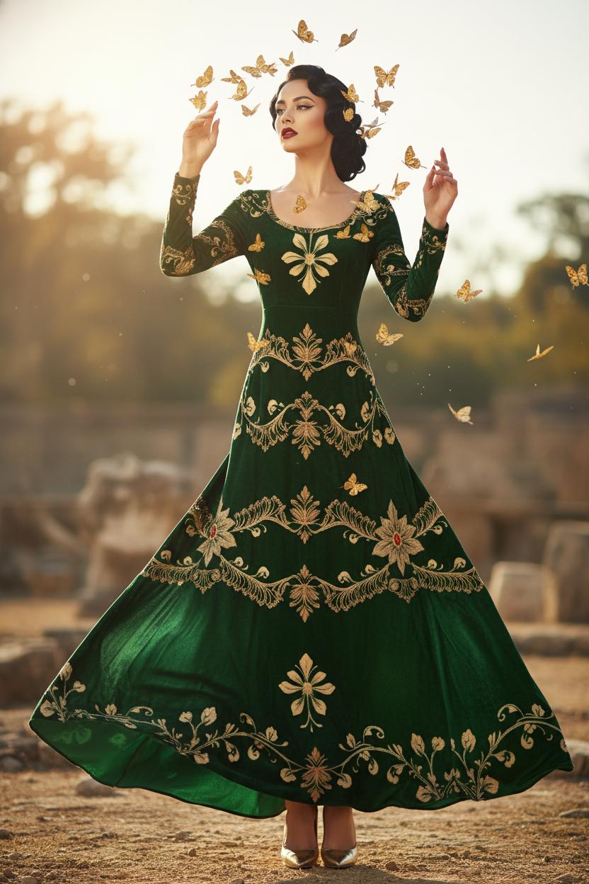 Green velvet maxi dress evening gown with gold embroidery worn by woman in outdoor setting