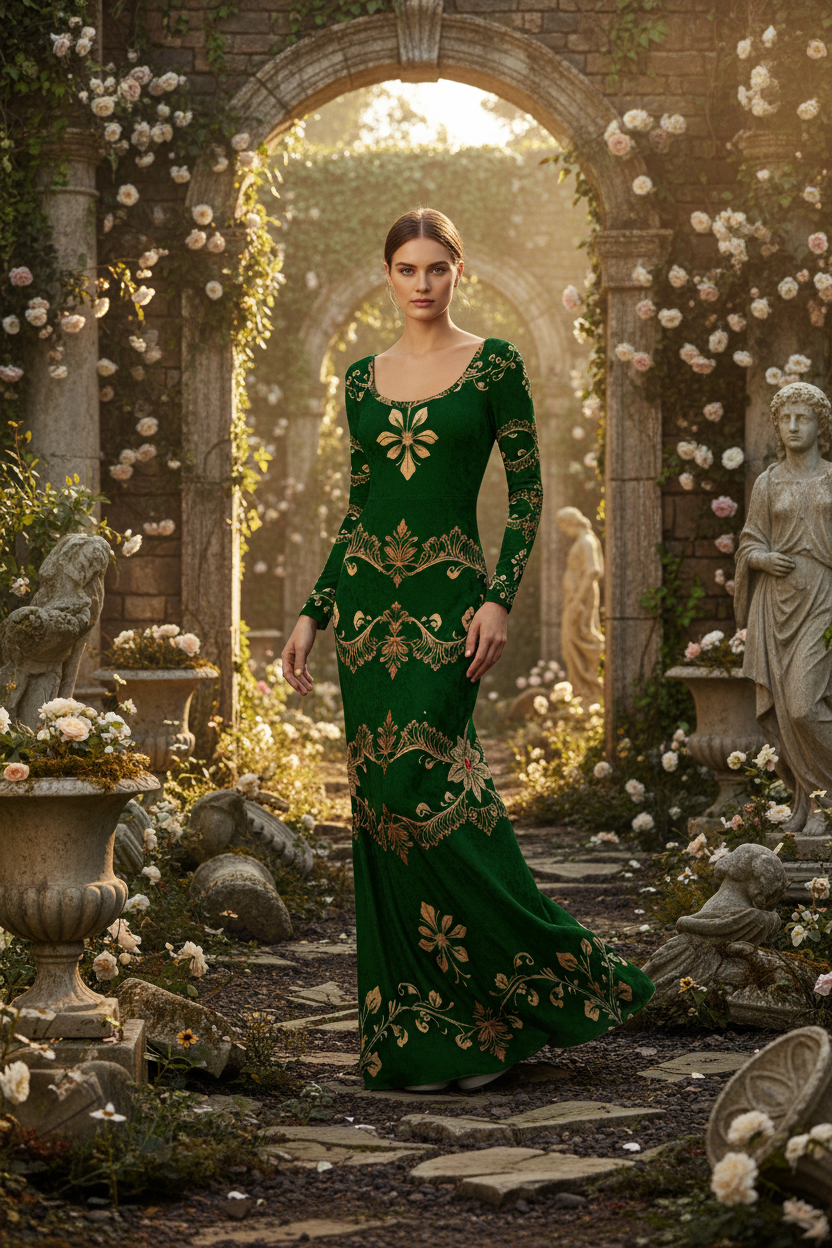 Green velvet maxi dress evening gown with gold floral embroidery worn by model in garden archway