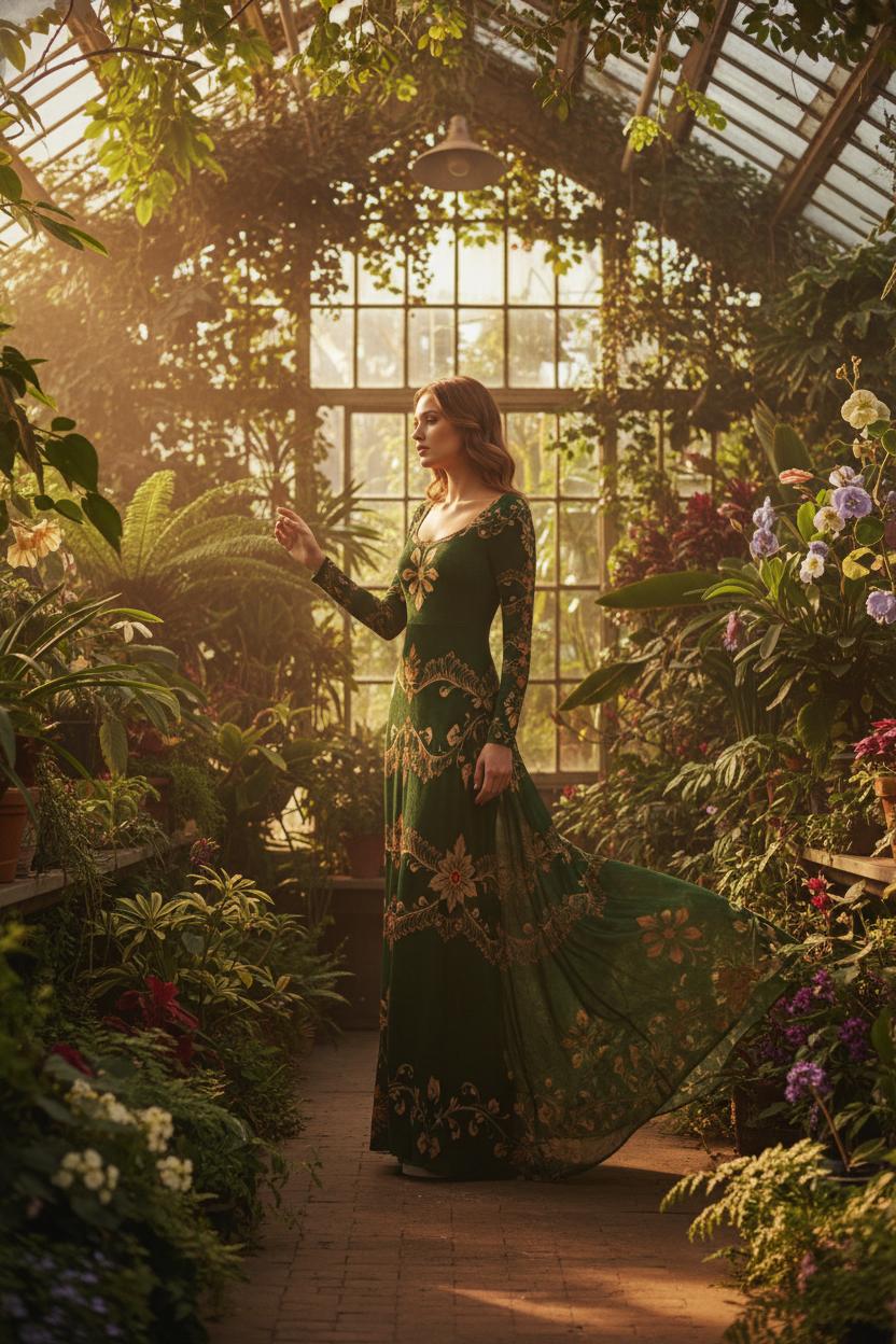 Woman wearing a green velvet maxi dress evening gown standing in a sunlit greenhouse surrounded by plants