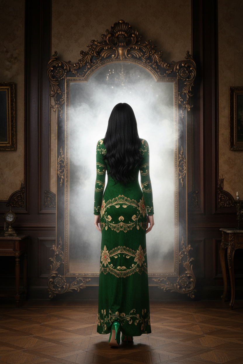 Woman wearing green velvet maxi dress evening gown with gold embroidery standing in front of ornate mirror