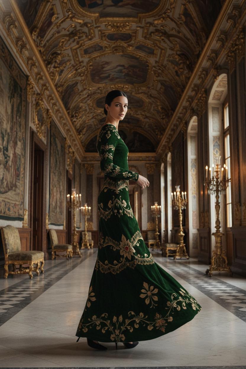 Green velvet maxi dress evening gown with gold embroidery worn by woman in ornate historic hall