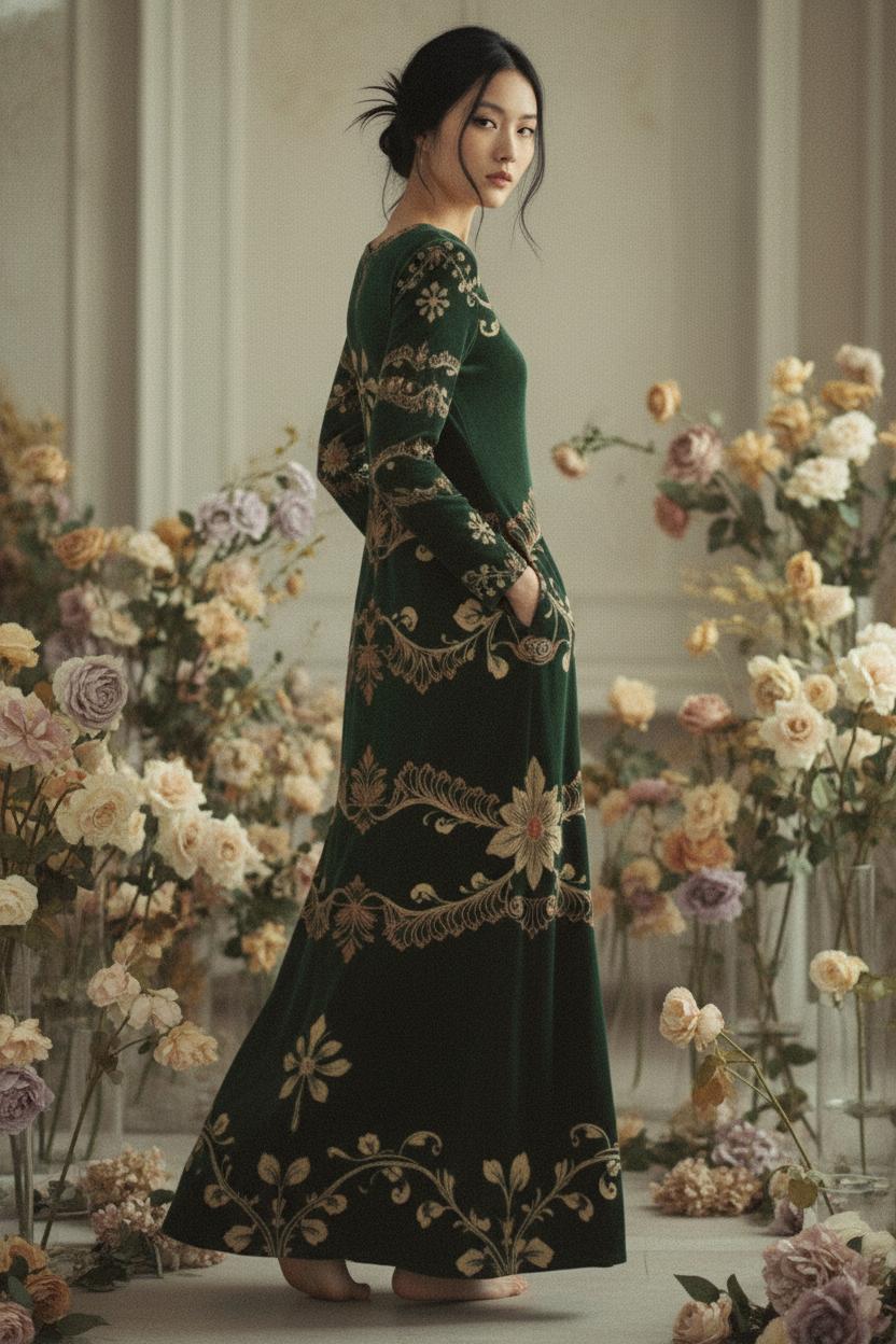 Green velvet maxi dress evening gown with floral embroidery worn by a woman in a floral setting