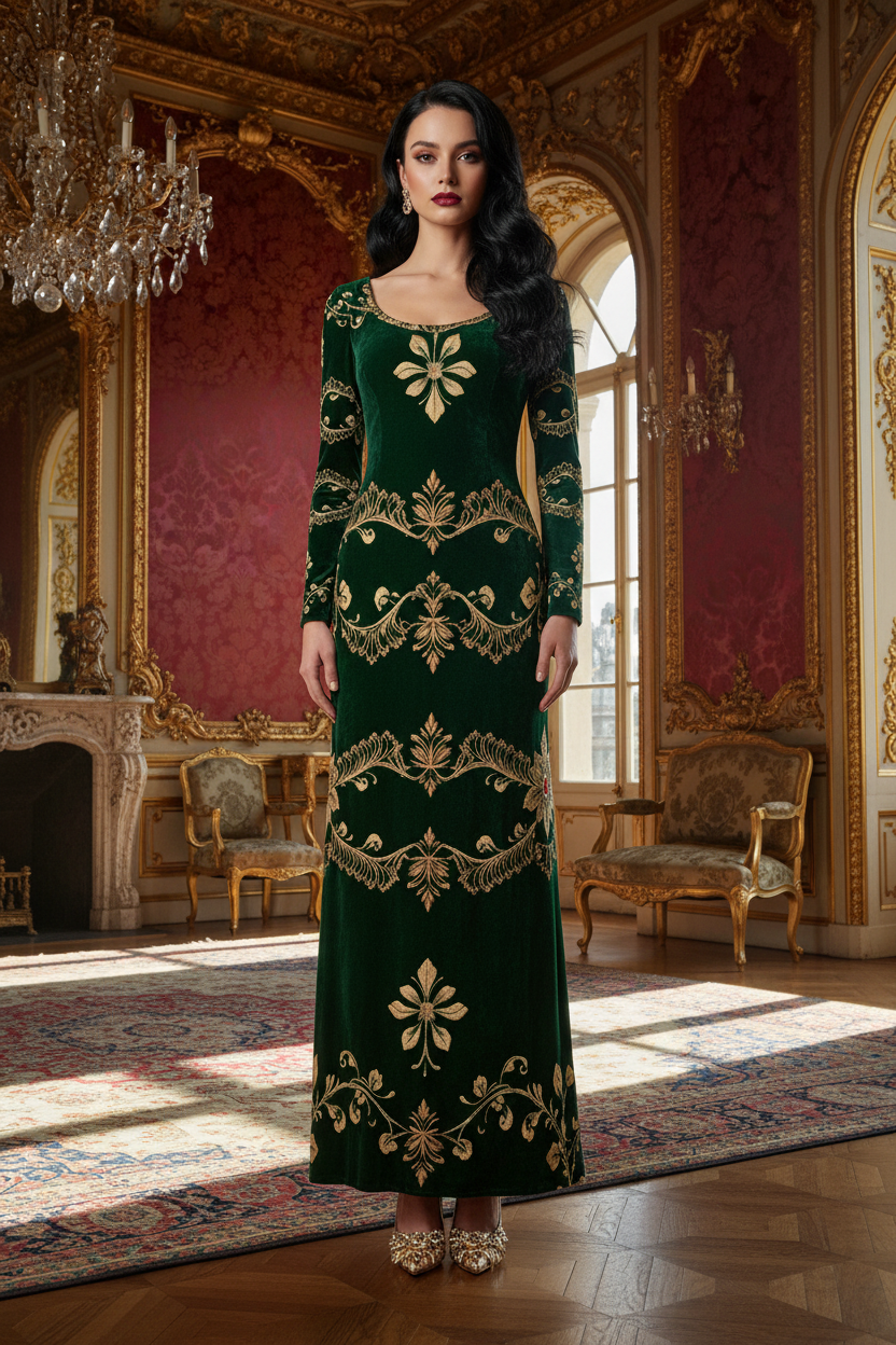 Green velvet maxi dress evening gown with gold embroidery and long sleeves by Angelic Blessings Shop