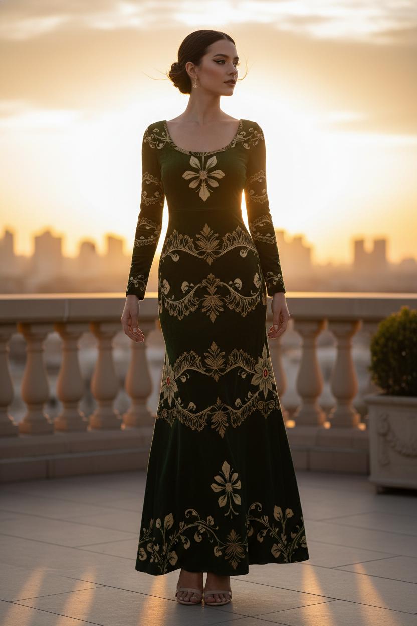 Woman wearing green velvet maxi dress evening gown with gold floral embroidery at sunset