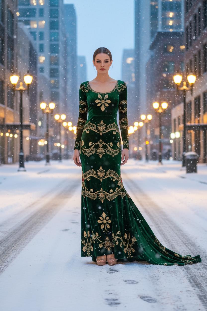 Green velvet maxi dress evening gown with gold embroidery worn by model on snowy city street