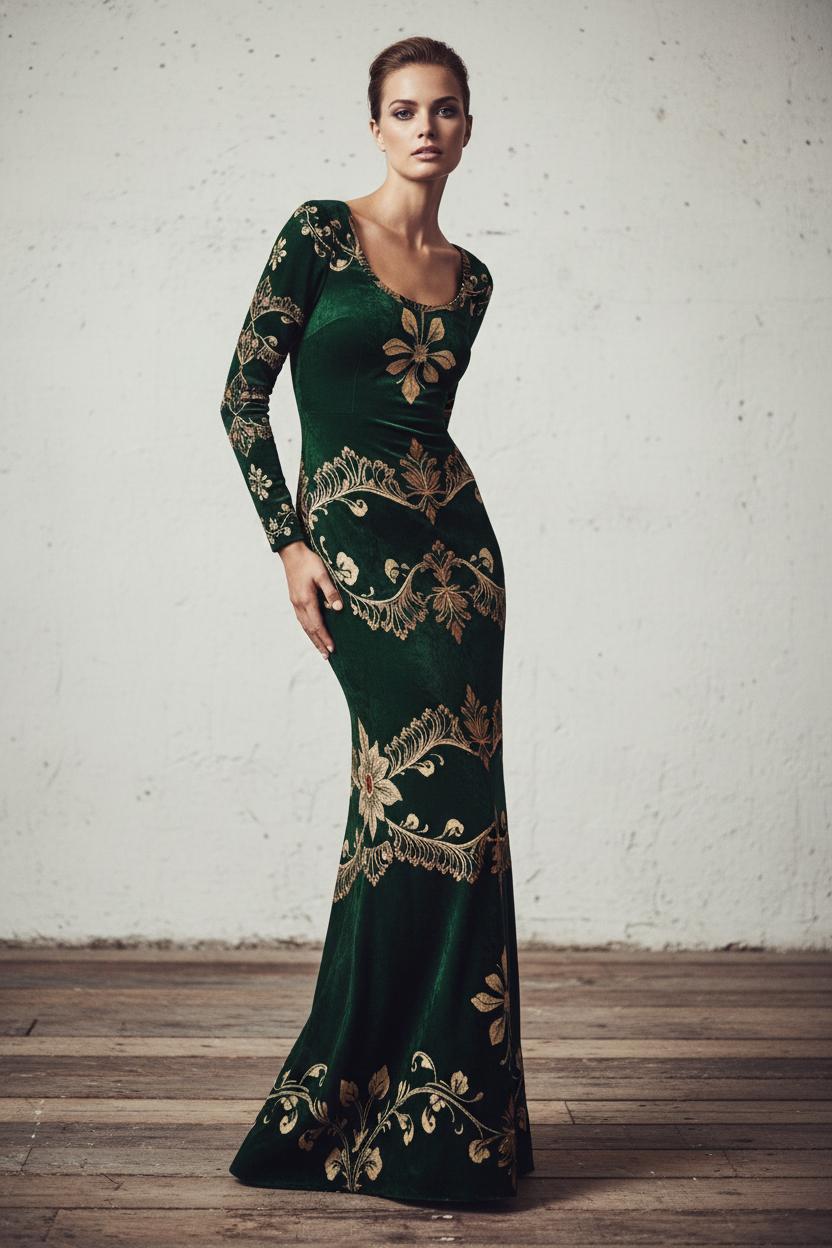 Green velvet maxi dress evening gown with long sleeves and floral patterns from Angelic Blessings Shop