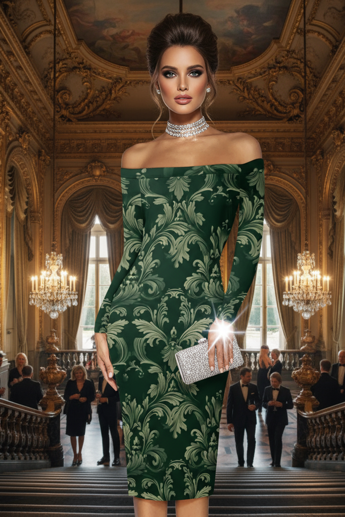 Green Victorian Damask Off Shoulder midi bodycon wrap dress worn by woman at elegant ballroom event