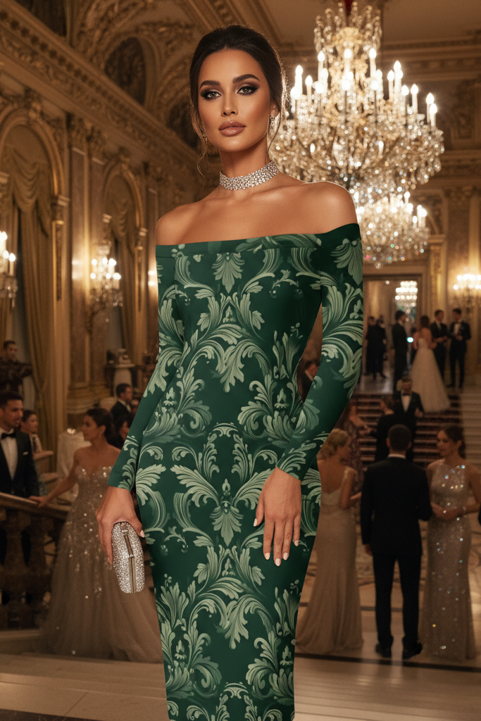 Green Victorian Damask Off Shoulder midi bodycon wrap dress worn at an elegant formal event