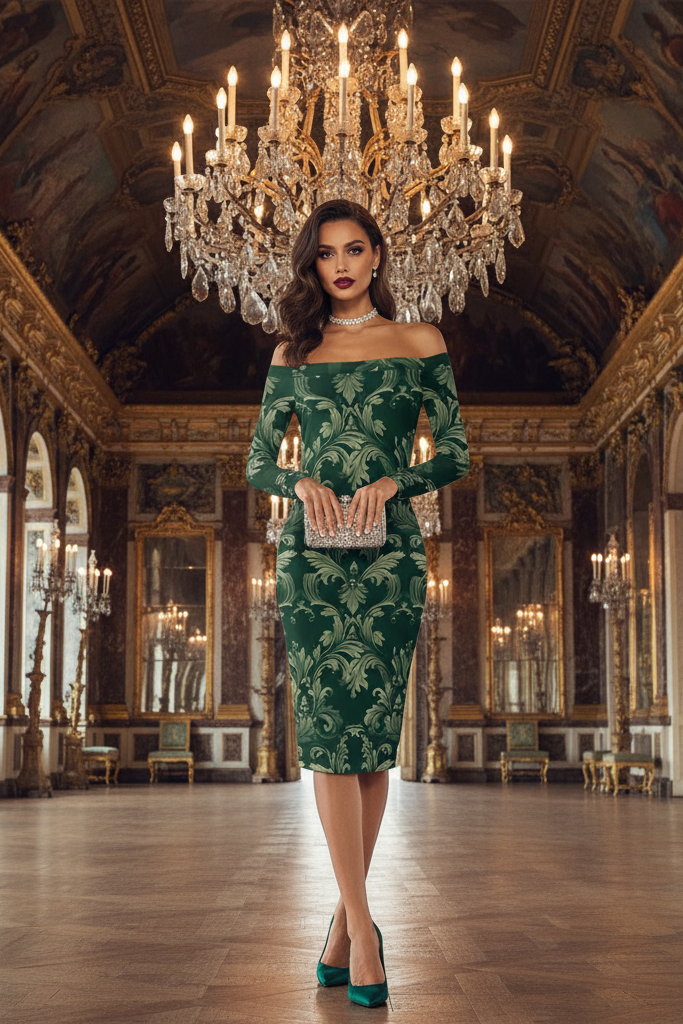 Green Victorian Damask Off Shoulder midi bodycon wrap dress worn by model in elegant historic hall