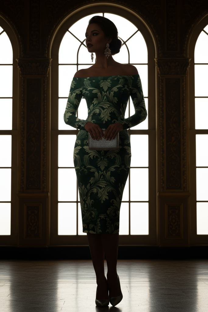 Model wearing Green Victorian Damask Off Shoulder midi bodycon wrap dress by Angelic Blessings Shop in elegant interior