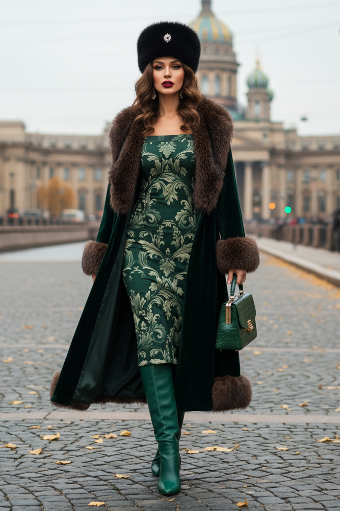 Woman wearing Green Victorian Damask Off Shoulder midi bodycon wrap dress with fur coat and boots walking in city