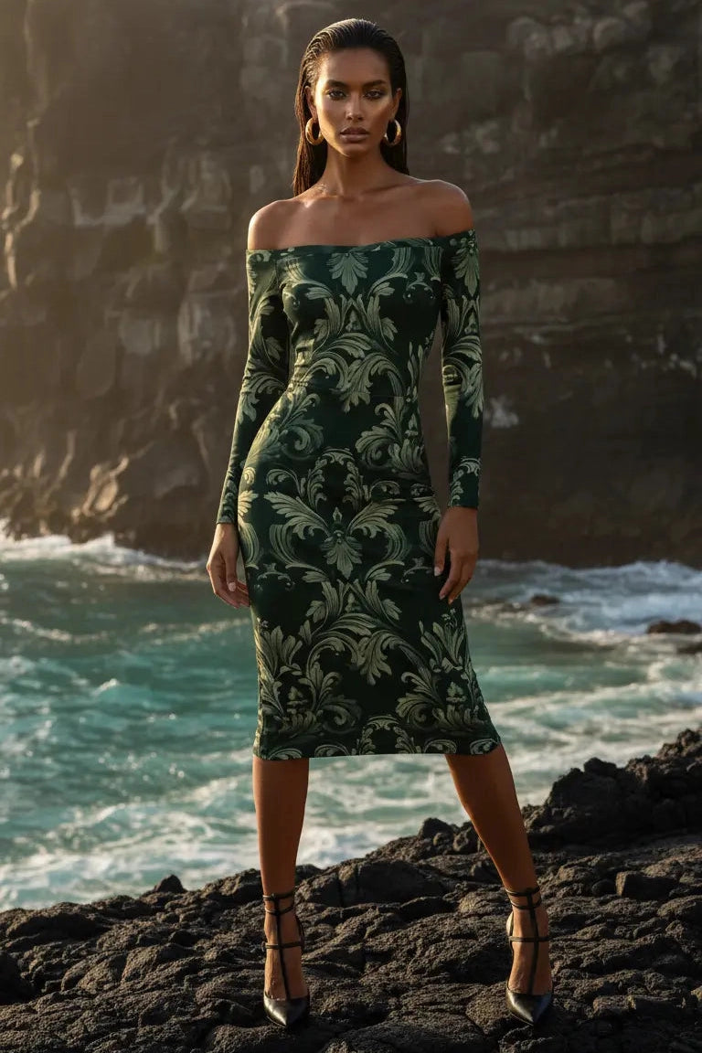 Powerful woman wearing a green Victorian damask off shoulder midi dress styled for modern authority.