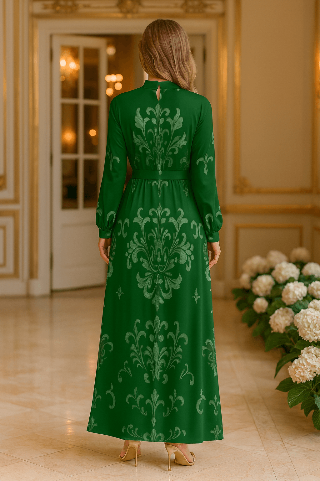 Back view of Angelic Blessings Green Victorian High Neck Maxi Dress with long sleeves and floral pattern