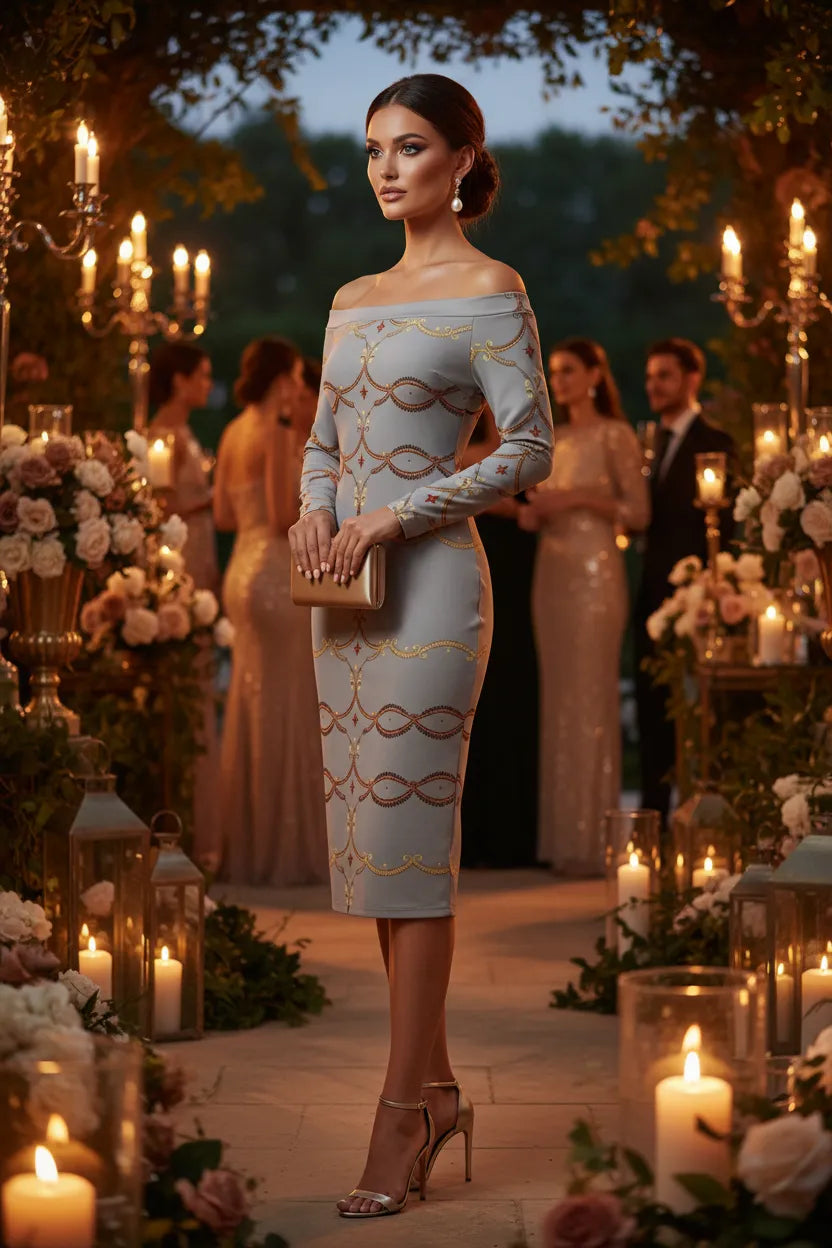 Angelic Blessing Shop grey gold chain print off shoulder dress worn by model at elegant evening event