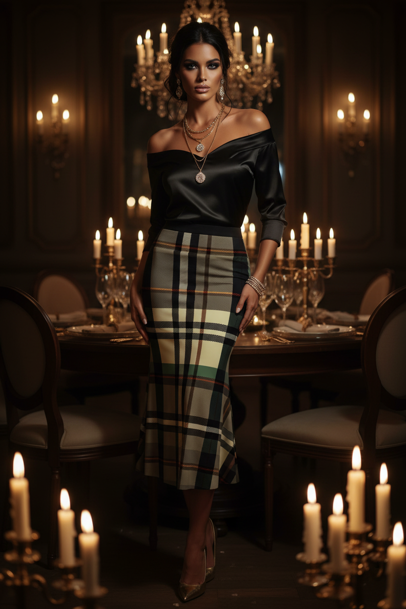Grey-Green Tartan Fishtail Skirt High Waist Maxi Skirt elegant evening outfit