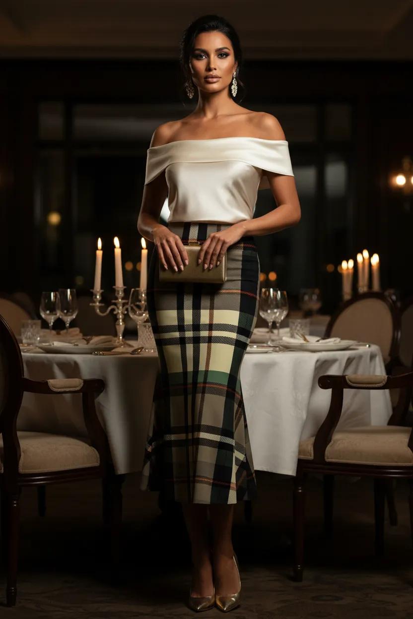 Grey-Green Tartan Fishtail Skirt High Waistmaxi Skirt elegant evening outfit stylish look